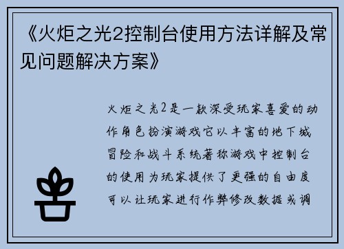 《火炬之光2控制台使用方法详解及常见问题解决方案》